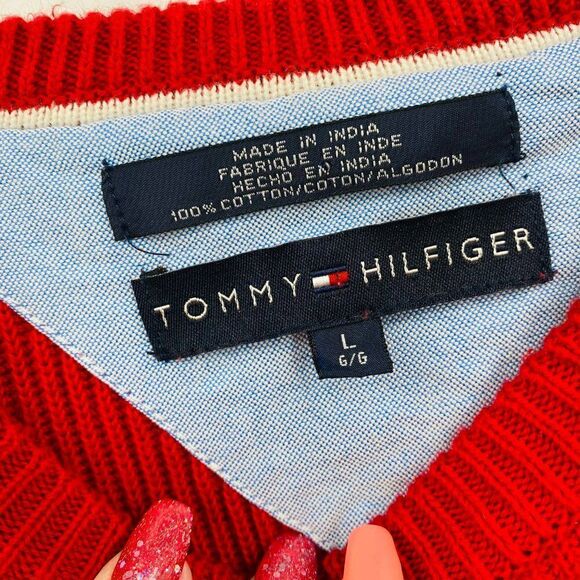 Tommy Hilfiger Size Large Red Flag Print Ribbed Knit Long Sleeve Sweater - Picture 5 of 6